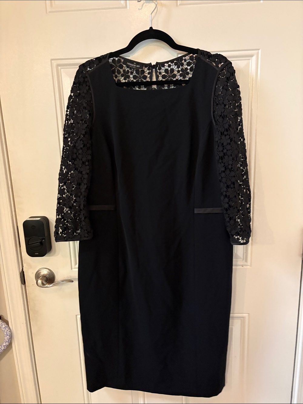 Lafayette 148 New York Black Sheath Dress with Lace Floral Sleeves